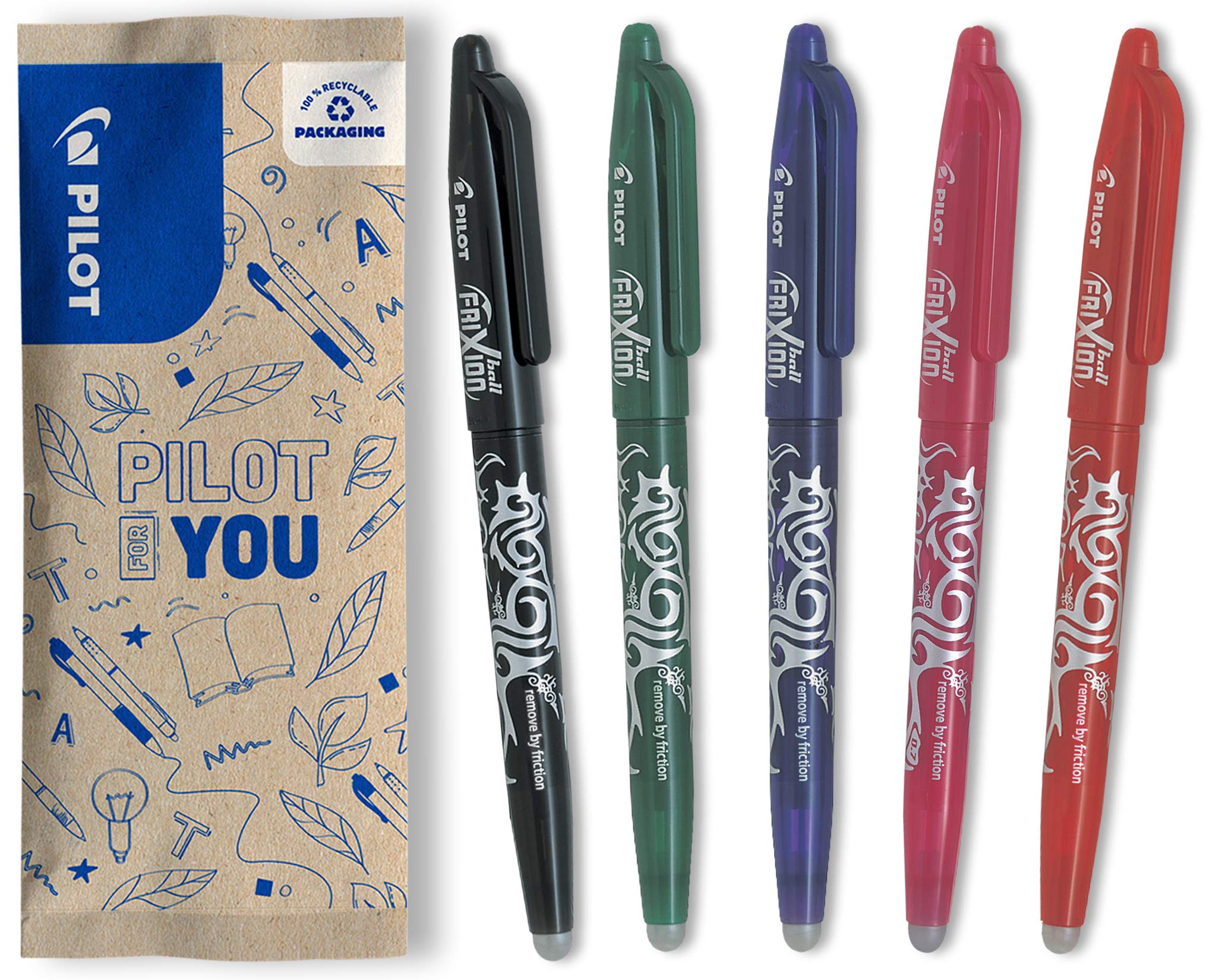 PILOT - FriXion Ball 0.7 Set - 5 Stück: Schwarz/Grün/Rot/Violett/Pink - Radierbare Tintenroller 0,4mm Strichstärke - Thermosensitive Tinte, Austauschbare Mine - Mittlere Spitze