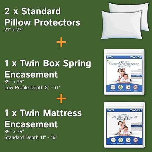 Paquete - 3 artículos: protector de colchón con cremallera de tamaño individual + funda de somier de tamaño individual + protectores de almohada