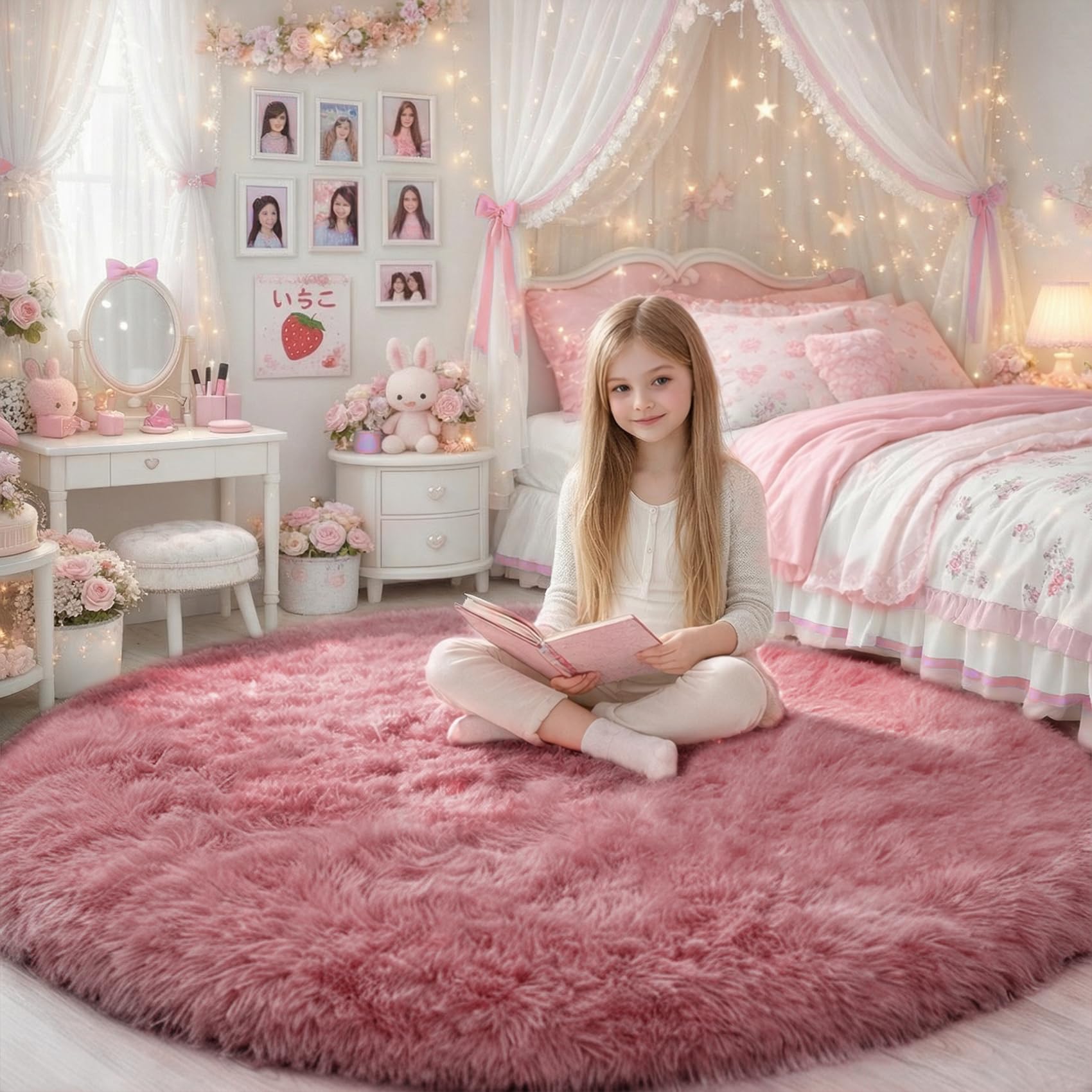 Blush Pink Big Round Rug 7Ft for Kids Bedroom, Fluffy Fuzzy Furry Circle Area Rugs for Girls Room Decor Aesthetic, Shaggy Circular Carpet for Baby Nursery Playroom, Cute Neutral Dusty Rose Mauve Rug — image 1