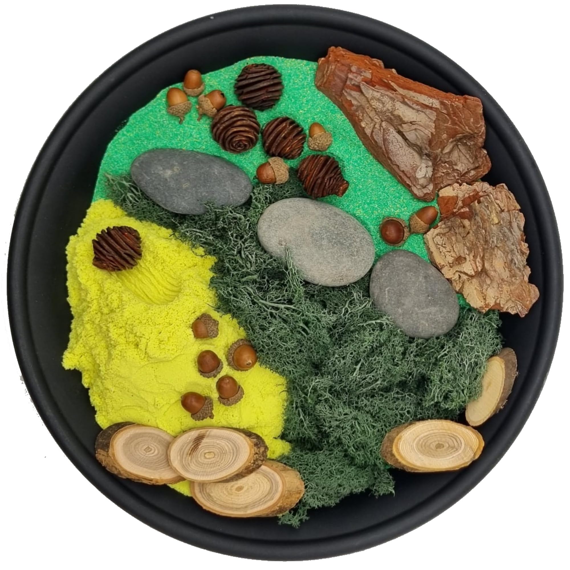 Woodland Sensory Play Set for Kids – Natural Eco-Friendly Play Kit with Green & Yellow Sand, Acorns, Cones, Bark, Moss, Wood Slices & Pebbles – Nature Play, Tuff Tray & Montessori Activities