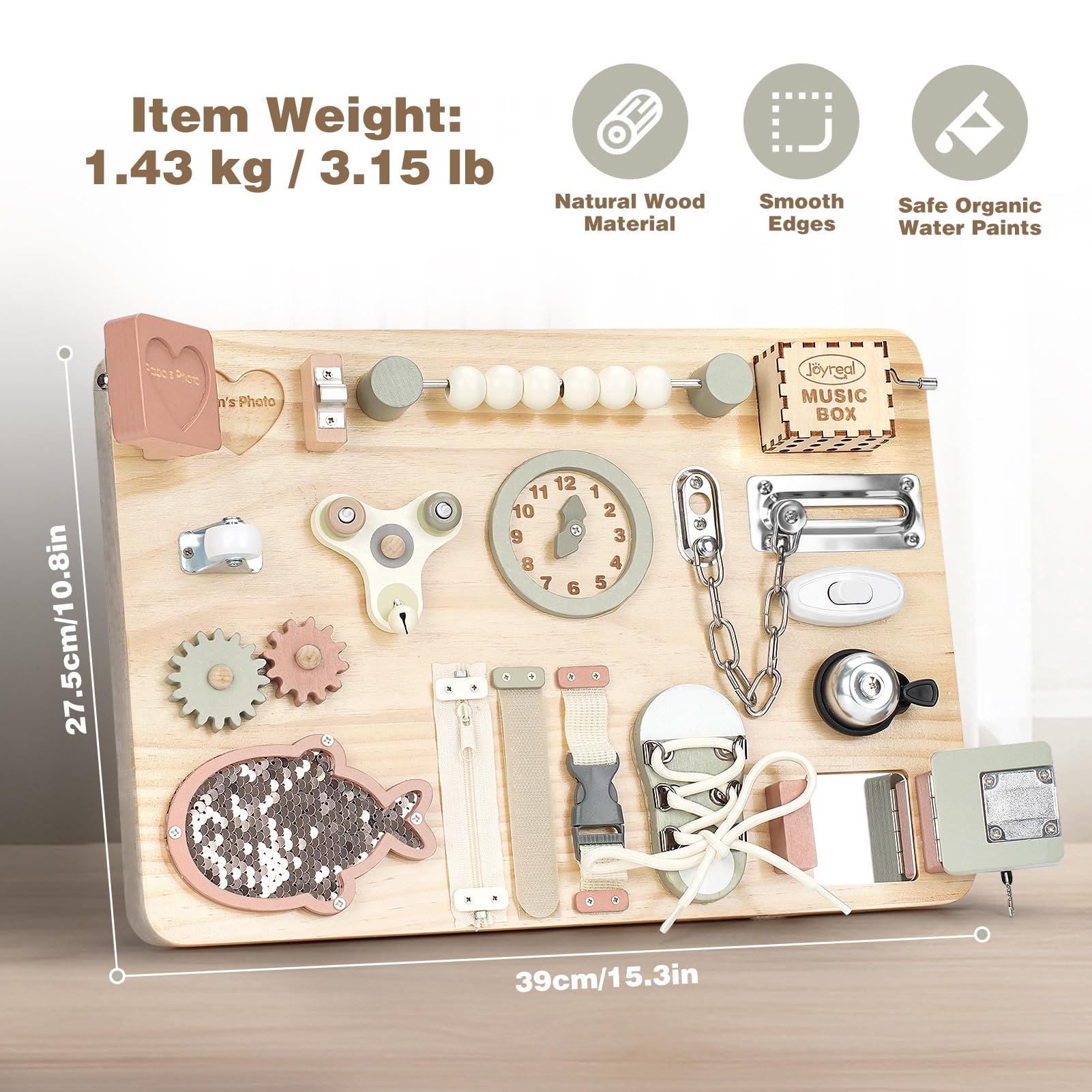 Joyreal Grande Busy Board - Pannello Sensoriale Bambini Montessori Legno Tavola Sensoriale Giochi Montessori con Carillon Specchio Neonati Giochi Educativi Regalo