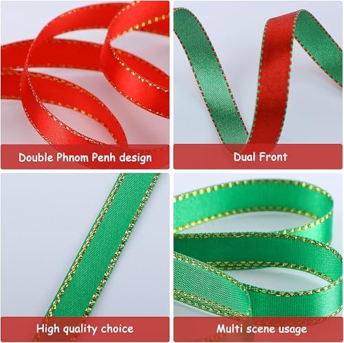 Miniatura 2 de Cinta de satén de Navidad de 50 yardas, cinta de satén de doble cara decorativa roja y verde con bordes dorados, cintas de satén de doble cara para