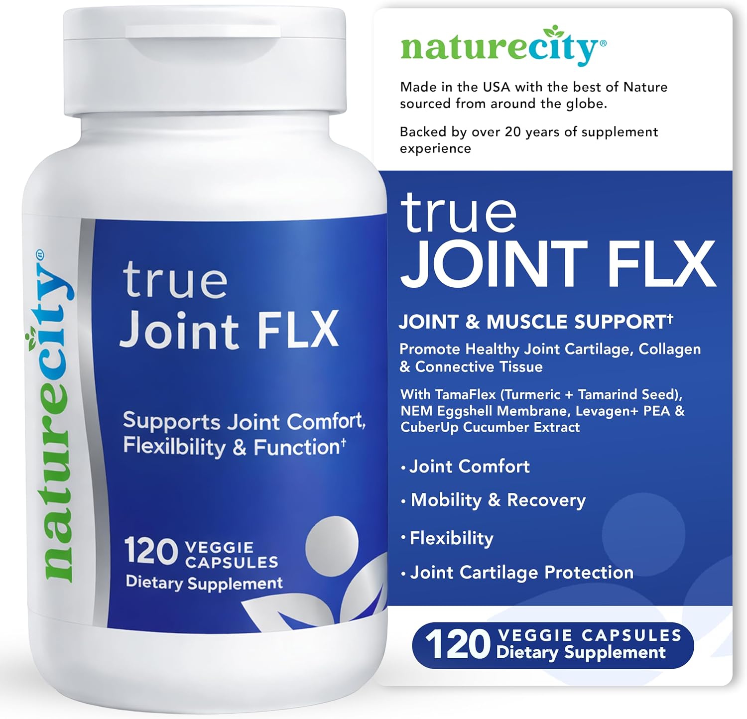 NatureCity True-Joint FLX Joint Supplement Formula (120 Capsules) | TamaFlex, NEM Eggshell Membrane, Levagen+ PEA & CuberUp | Supports Joint Comfort, Flexibility, Mobility, Function & Cartilage Health
