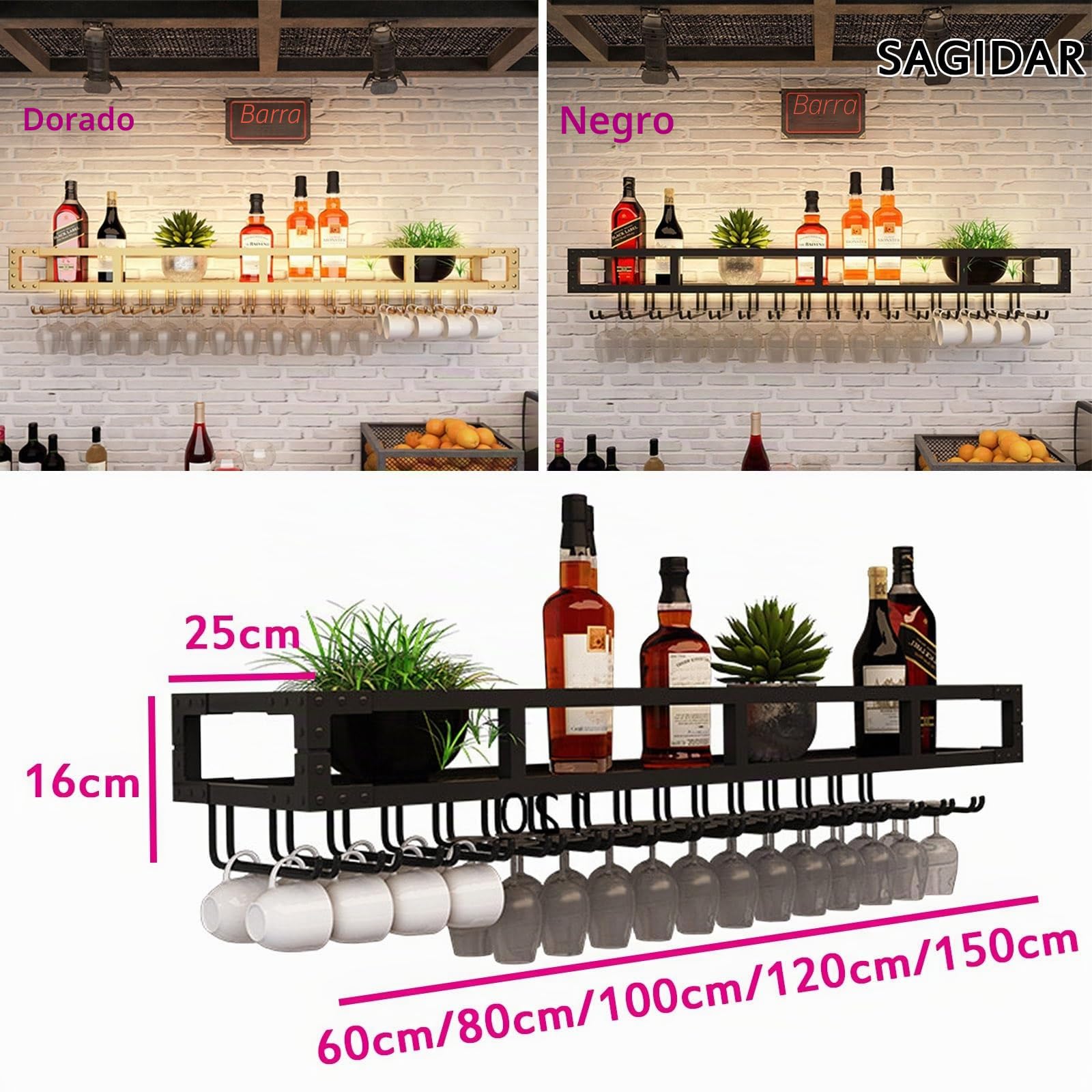 SAGIDAR Estante De Vino De Pared, Colgador De Almacenamiento De Copas, Soporte para Vasos De Hierro 60cm-150cm, Fácil De Montar, Negro/Oro, Apoyo Estable, Diseño De Copa Colgante Razonable