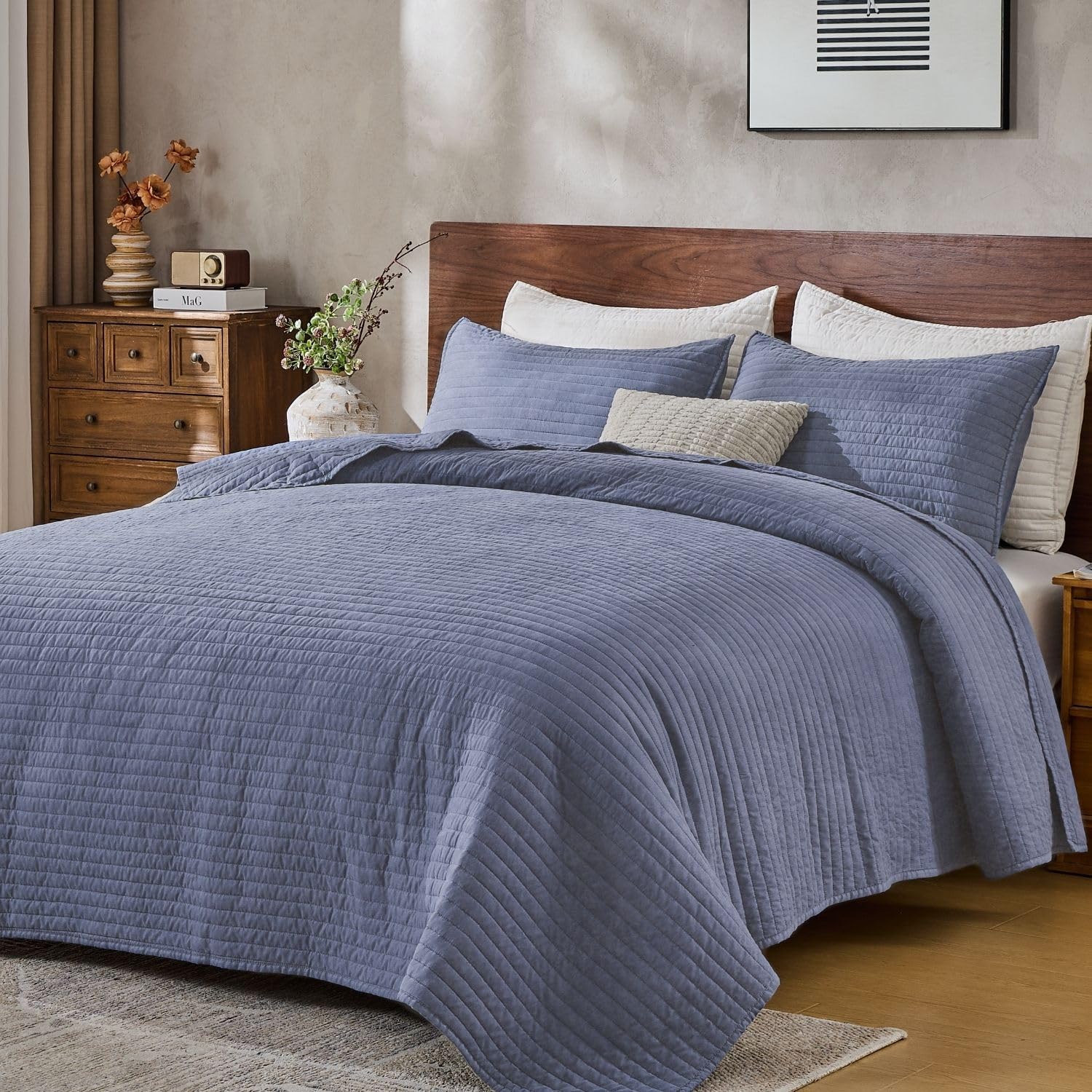 DOWN HOME King Quilt Bedding Set with Shams, Vintage Washed Soft Quilted Blanket Thin Comforter Lightweight Bedspread Coverlet Bed Cover, Brushed Microfiber Stripe Stitching, Vintage Denim, 104"x90"