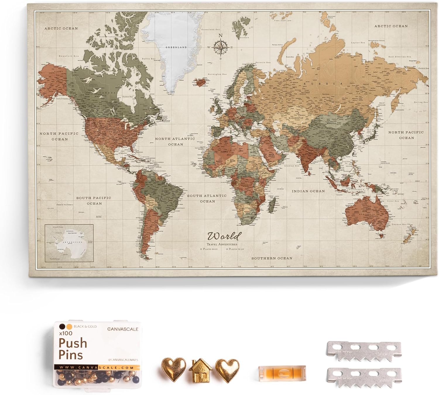 Canvas World Map with Cork Pin Board - English Lettering - Decorative Wall Decoration for All Rooms - Canvas Pictures with World Map Motif (120x80 cm, Pattern 2)