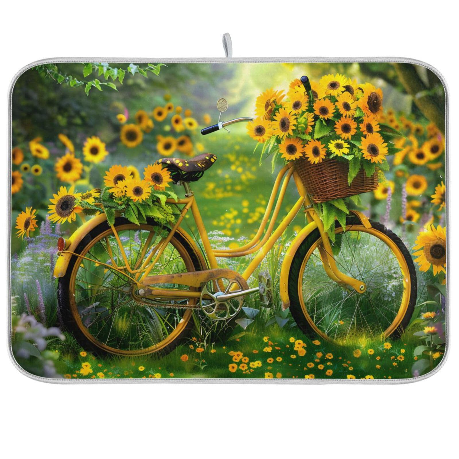 Dish Drying Mats for Kitchen Counter, Large Microfiber Dish Drying Mat 40x45 Bicycle Sunflowers Sink Drainer Absorbent Coffee Machine Protector Mat