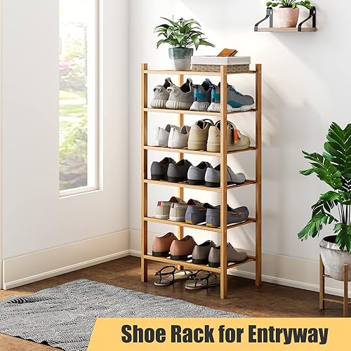 Miniatura 118 de Zapatero de bambú de 2 niveles para entrada, apilable, resistente, multifuncional, zapatero independiente para dormitorio, pasillo, armario Natural