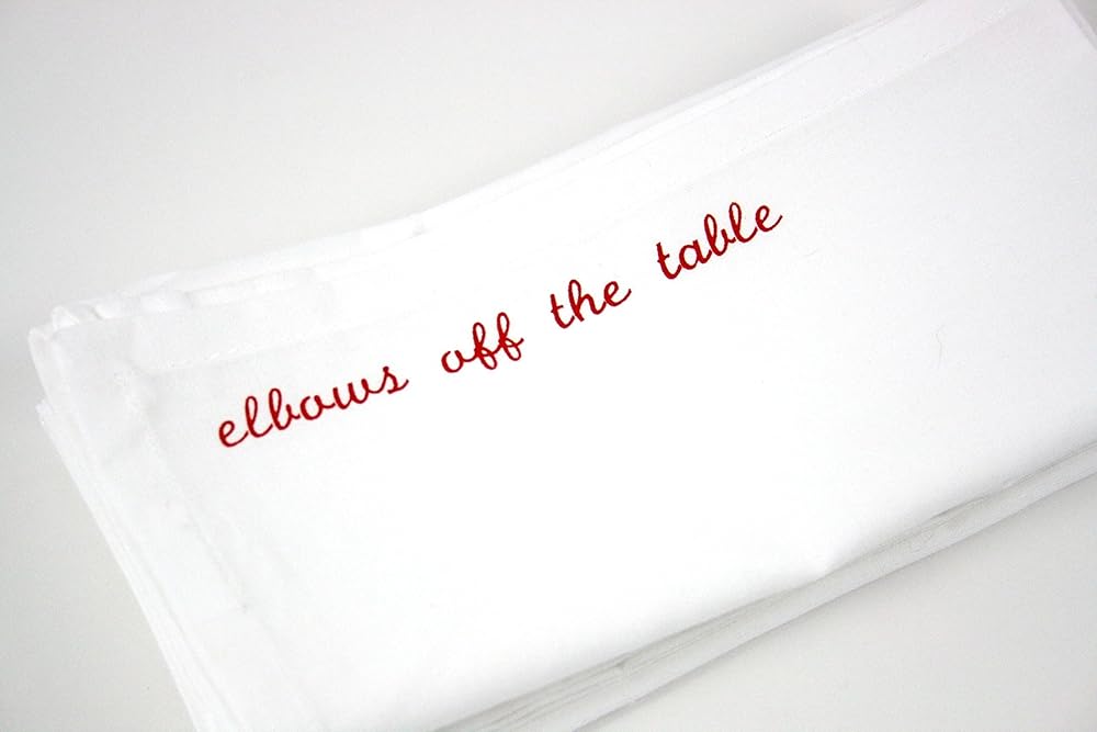 Cloth Dinner Napkins Mind Your Manners set of 4 red screen printed napkins