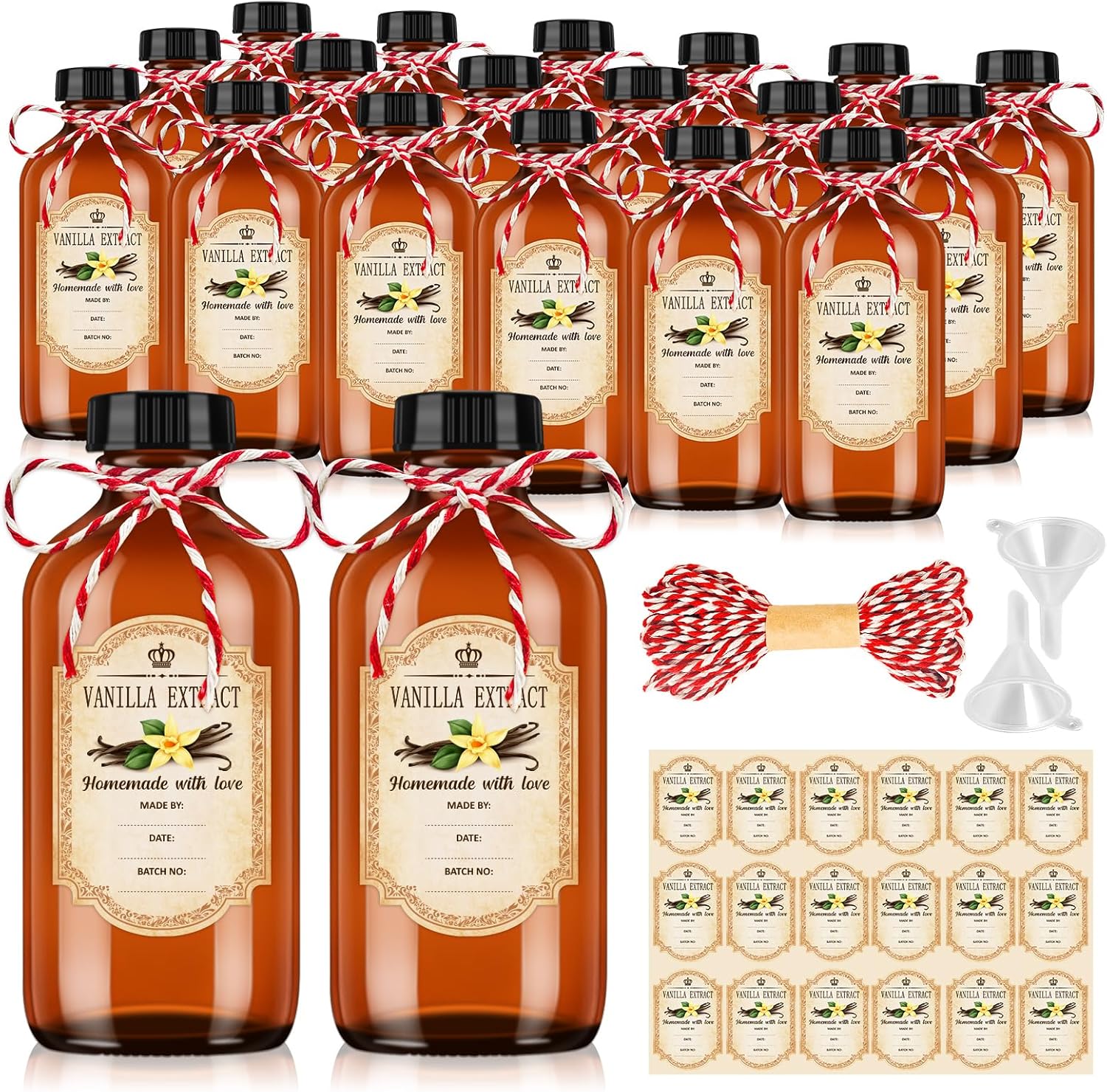 KEYWING 18 Pack 8oz Amber Glass Boston Round Bottles with Airtight Poly Cone Caps, Perfect Dispensing Bottles for Homemade Vanilla Extract, Syrups, Essential Oils, Holiday & Christmas Gift
