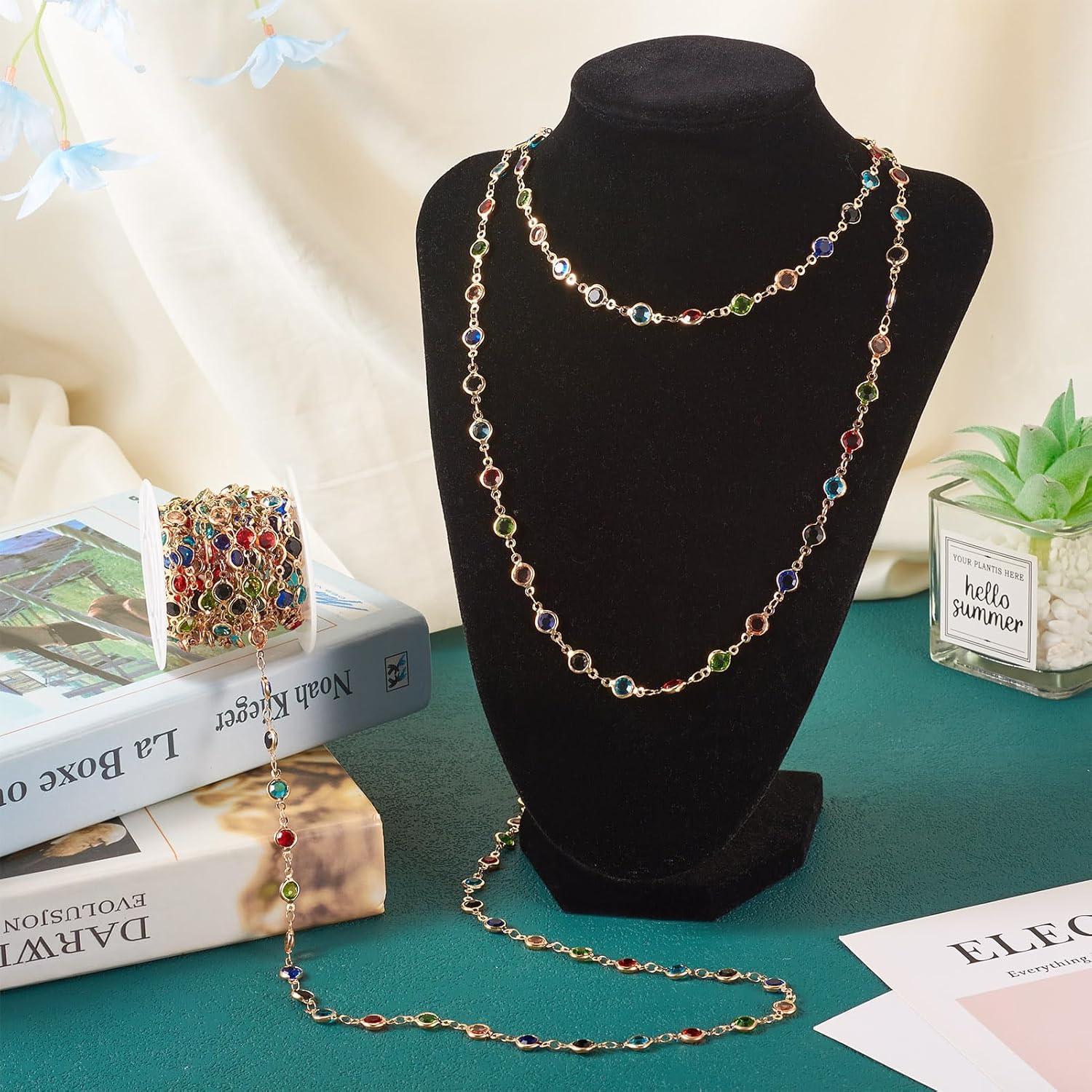 PH PandaHall Pandahall 16.4 Feet Rhinestone Jewelry Chains Colorful Glass Crystal Chains Gold Plated Brass Chains Handmade Flat Round Link Chains for Bracelet Necklace Jewelry Making - Image 3