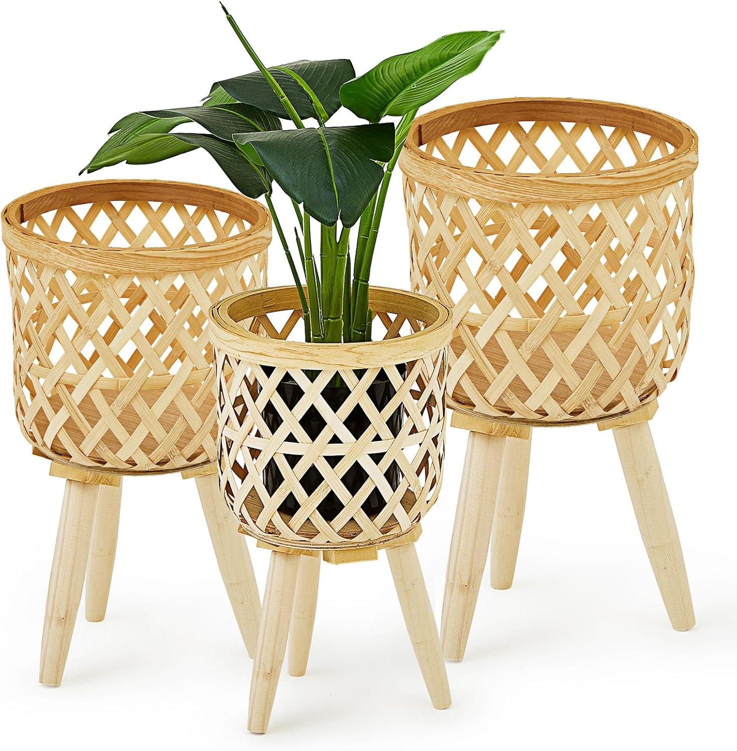 Ripeng 3 Pcs Rattan Plant Stand Woven Plant Stand Wooden Wicker Planter with Wooden Legs Rattan Plant Display Rack for Living Room Balcony Planter Home Office Decoration, 3 Sizes