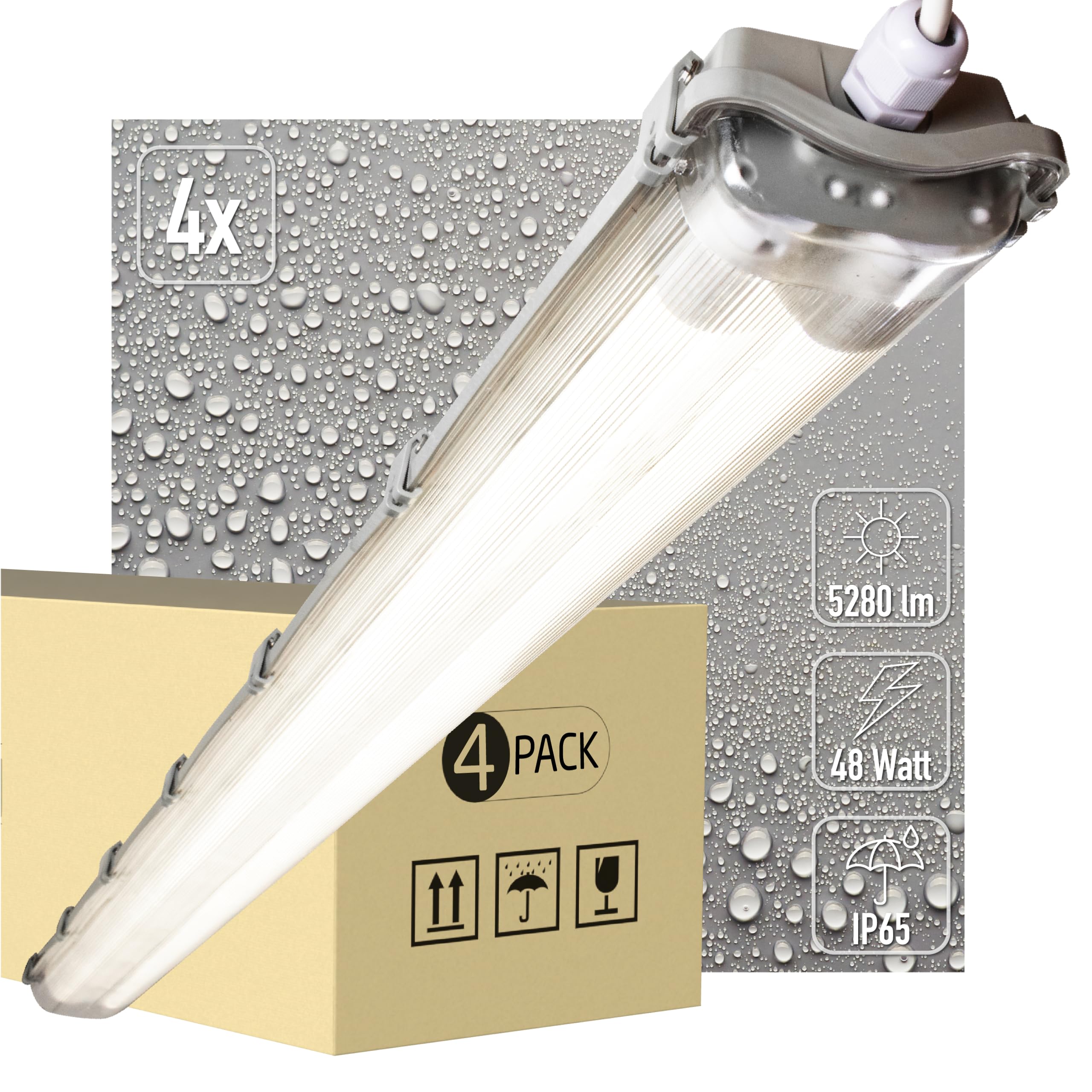 proventa® EasyBudget LED-Feuchtraumleuchte 150cm 48W 2x Röhre neutralweiss - Sparset 4x
