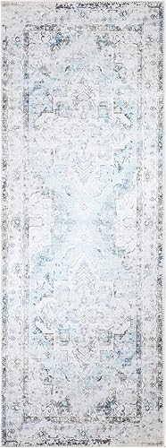 Miniatura 3 de Bloom Rugs Camino de medallón tradicional lavable antideslizante de 7 pies  marfil y azul mezclilla para entrada, pasillo, baño y cocina, tamaño