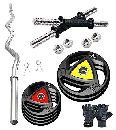 Amazon Brand - Symactive Professional Home Gym Set with Rubber-Coated Metal Plates, Rods, Gloves, 20 kg, Combo 4