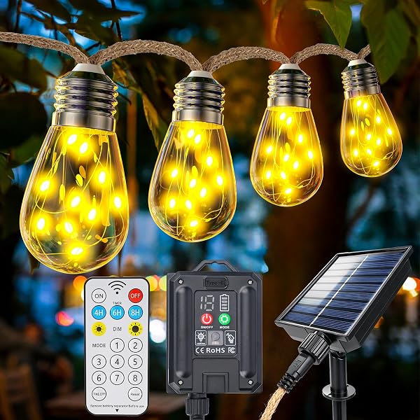 Foumteex Cadena luminosa solar exterior con mando a distancia, 10 m, 20 LED IP65, 8 modos, cuerda de cáñamo natural, impermeable, para fiestas, jardín, patio, balcón