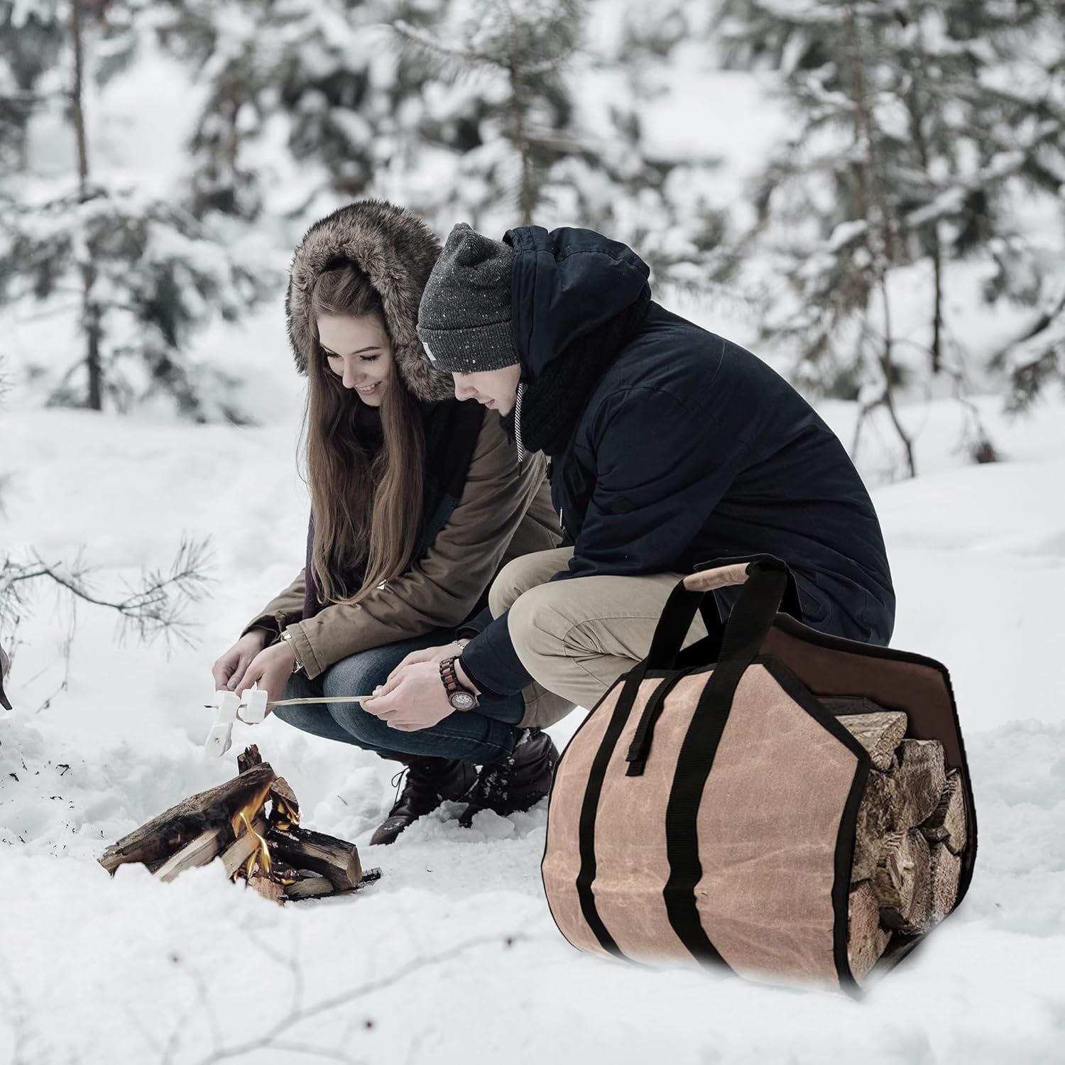 Covers & All Waxed Canvas Firewood Log Carrier, 18 oz 600 GSM Canvas, Durable Classic design Heavy Duty Fireplace Wood Stove Accessories (Tan, 40” L x 20” W)