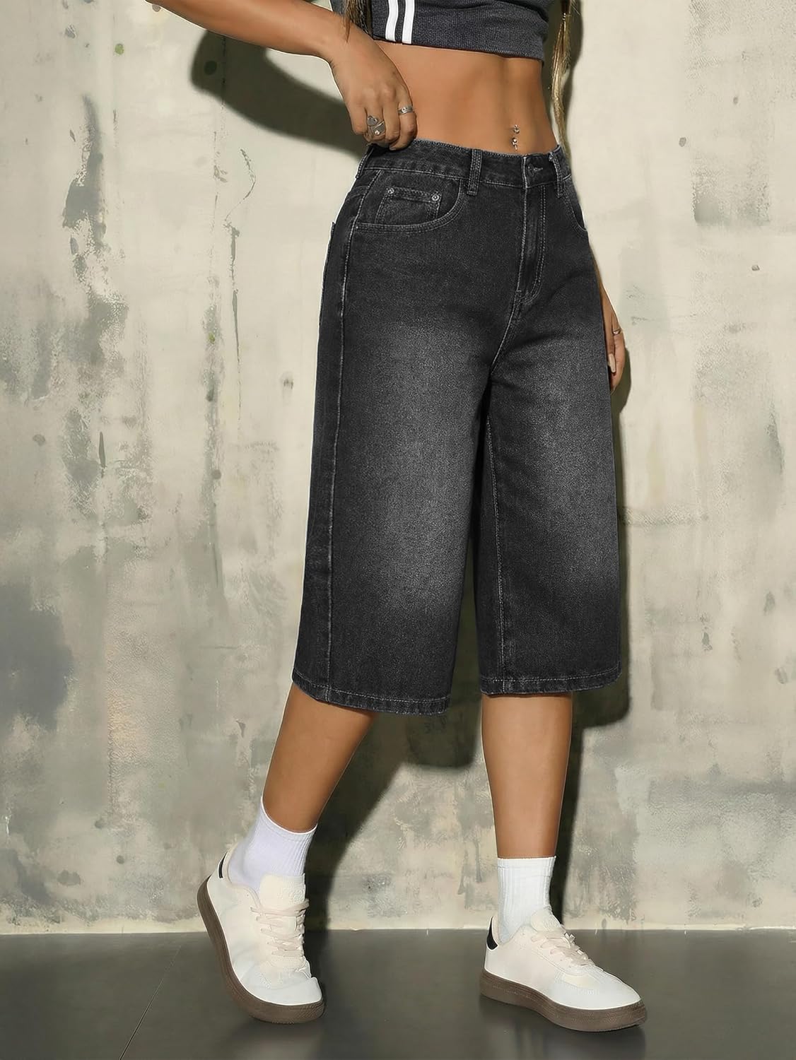 EMMIOL Womens Long Jorts Baggy Y2K Mid High Waisted Retro Jean Shorts Trendy Streetwear Wide Leg Denim Bermudas - Image 4