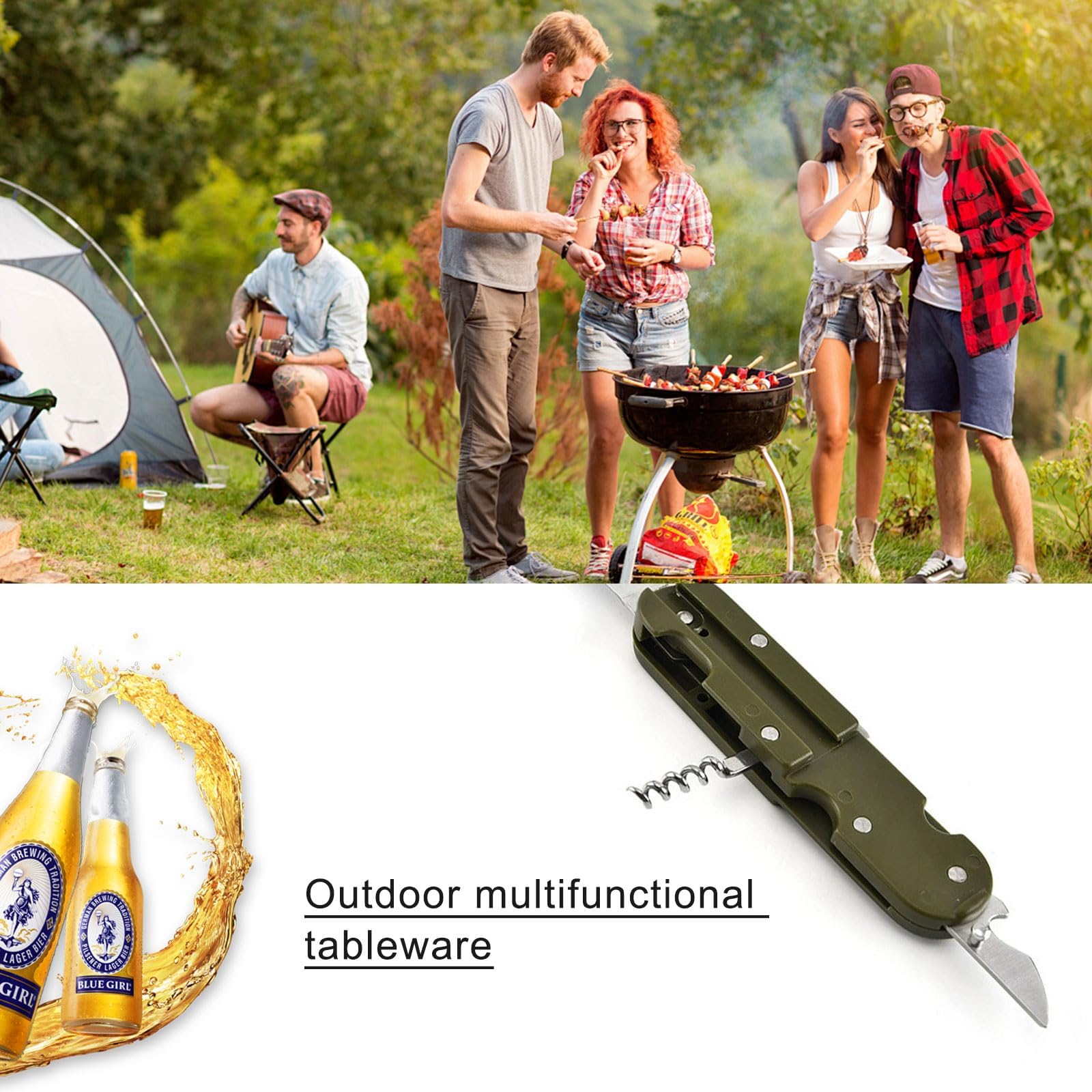 NIYATA 4Pcs Couverts De Camping Pliables, Kit Multifonction 5 En 1 Inox, Couteau Cuillère Fourchette Pour Pique-Niques, Randonnée Et Activités Extérieures