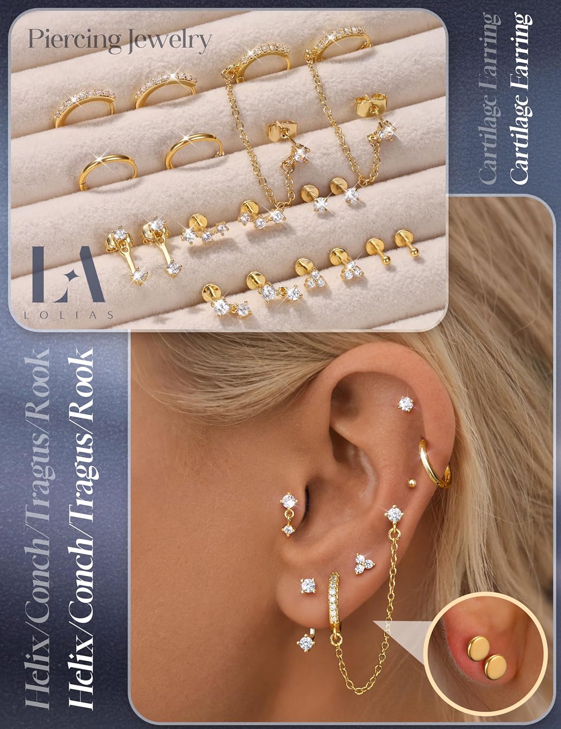LOLIAS 16G/18G/20G Flat Back Earrings for Women Threadless Surgical Steel Stud Hoop Earrings Push in Nose Studs Hypoallergenic CZ Cartilage Earring Set Labret Helix Tragus Conch Piercing Jewelry - Image 2