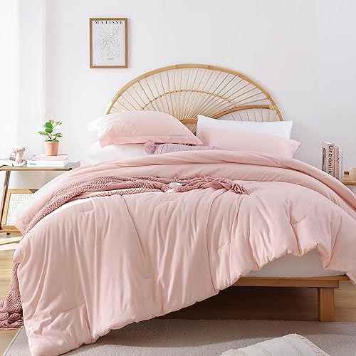 JANZAA King Size Comforter Set 7 Pieces Bed in a Bag Pink Comforter Solid Color Bedspread with Soft Microfiber Sheets Pillow Cases Pillow Shams Fitted Sheet Flat Sheet