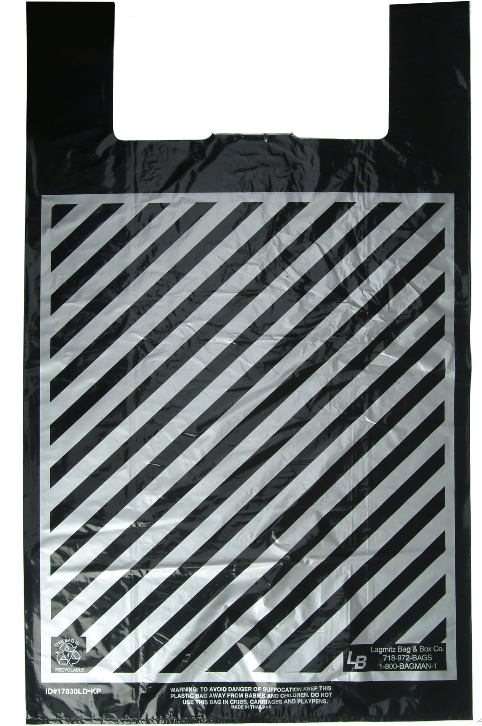 Plastic Shopping Bags, 500pcs"Super Duper"Size: 23x9x43 20 Microns"LITE" Black Bags with Silver Stripes, 30.8 cents per bag, 154.00 per case.