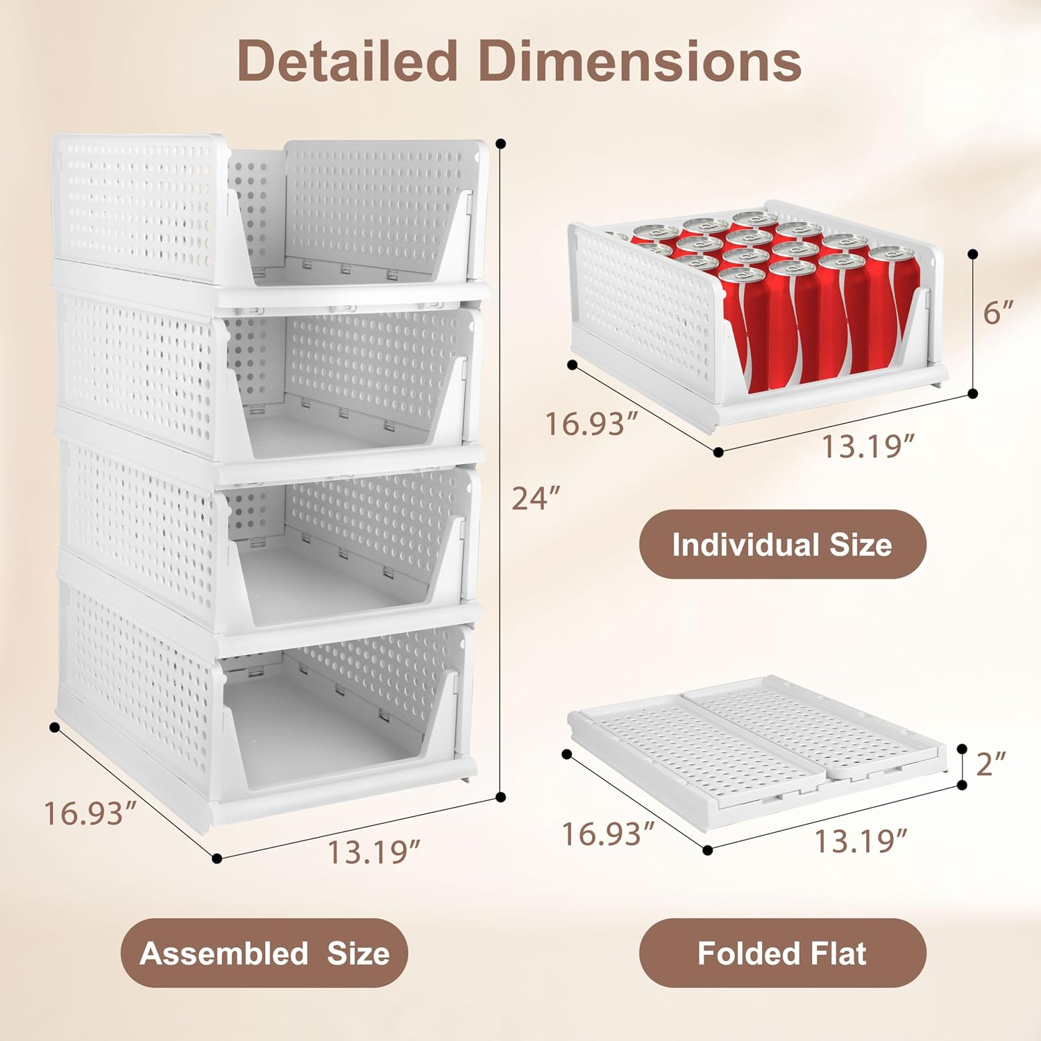 Whitmor Foldable Closet Storage Basket 4 Pack, Space-Saving & Stackable Clothes Storage Organizer, Heavy Duty & Multifunctional Plastic Drawer Shelves for Wardrobe, Kitchen, Bathroom, White