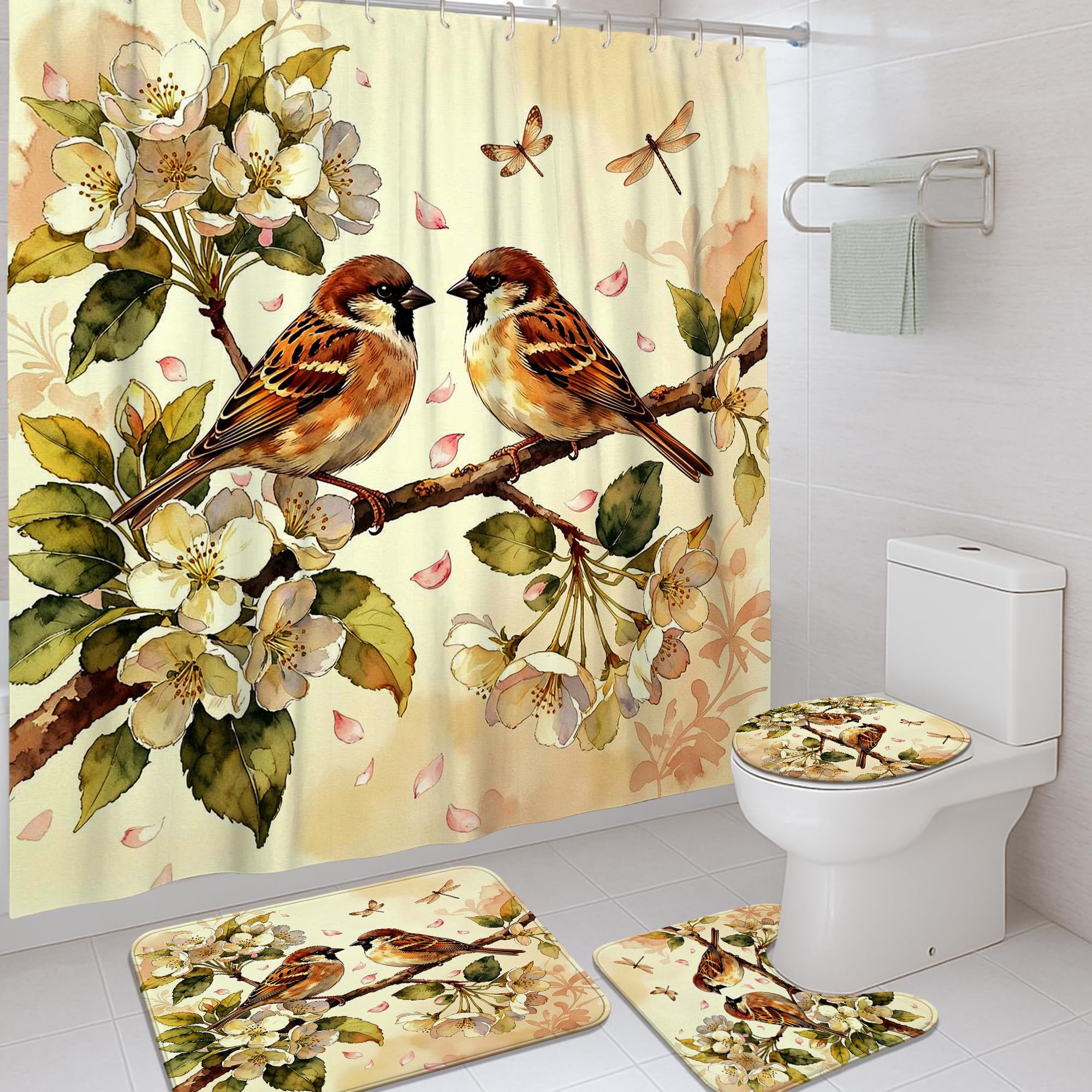 Rideau de douche imperméable oiseaux et fleurs vert printemps pour baignoire 183x183 cm