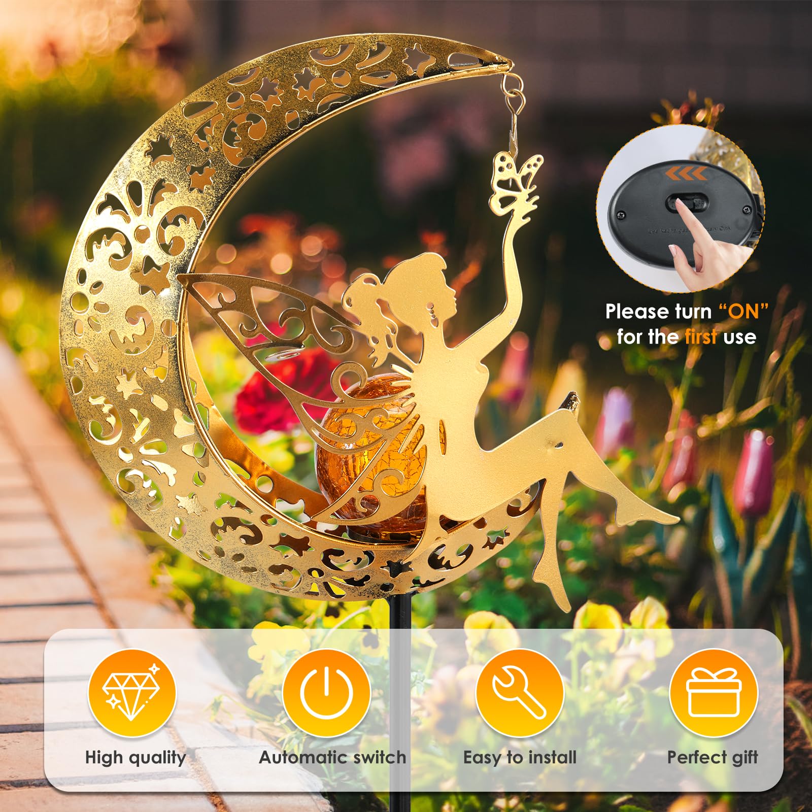 Luci Solari Da Giardino A Forma Di Luna Con Fata - Decorazione LED Per Esterni, 84x16,5 Cm, Ferro Bronzo, Impermeabile, Accensione Automatica, Per Balcone E Sentiero - 3