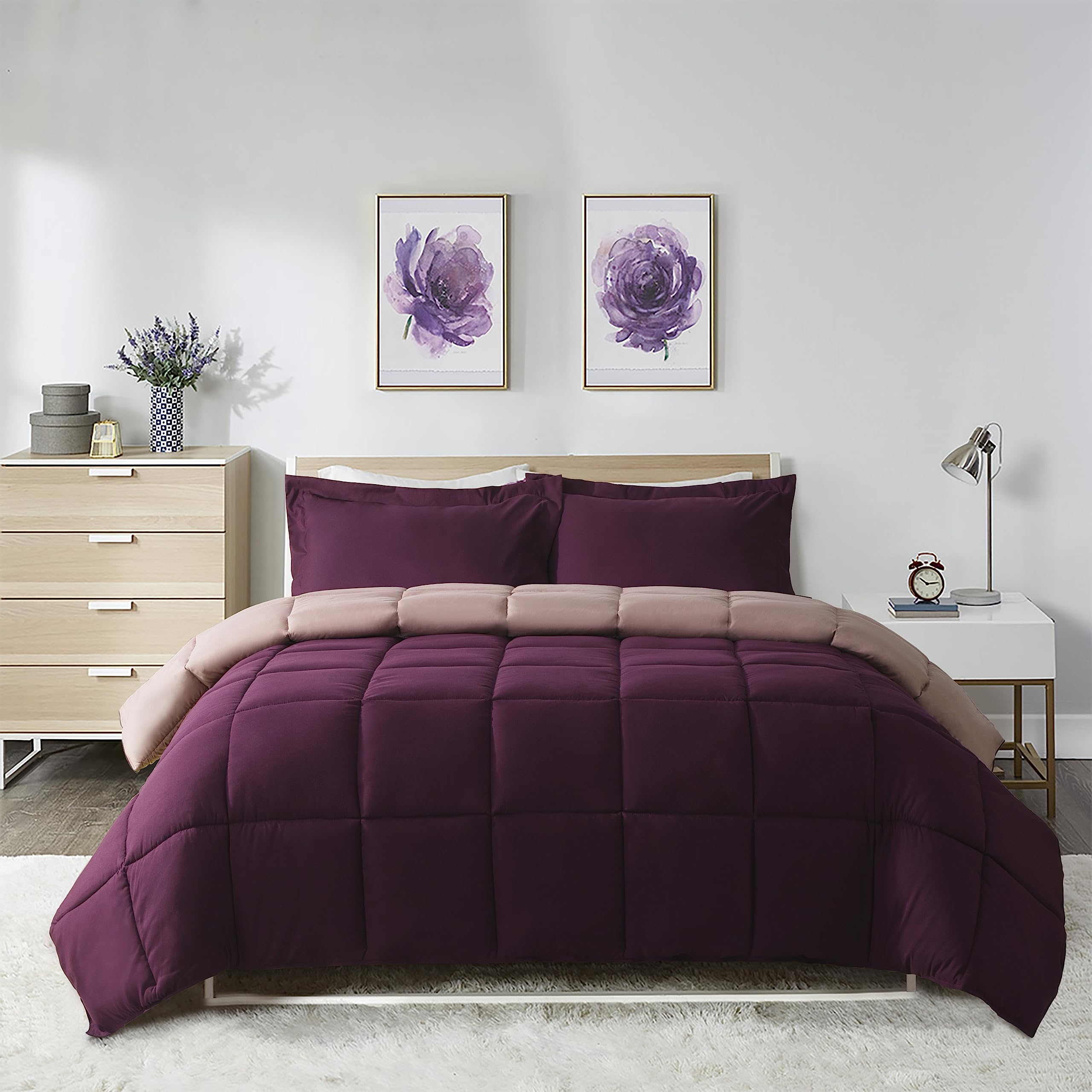 HIG 3pc Plum Down Alternative Comforter Set Twin XL Size - All Season Reversible Comforter with Sham - Quilted Duvet Insert with Corner Tabs - Box Stitched - Breathable, Soft, Fluffy