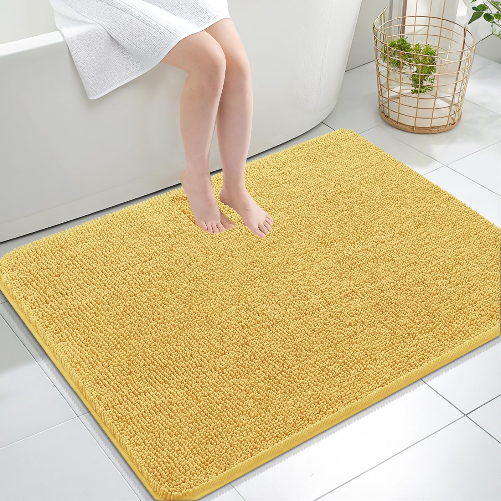 OLANLY Large Bathroom Rugs 40x32, Extra Soft Absorbent Chenille Bath Rugs | Yellow, Quick-Drying Rubber Backing, Machine Washable Bath Mat for Bathroom Floor, Tub and Shower, Home Decor Accessories