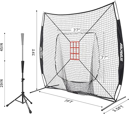 Vista 50 de 7'X7' Baseball Softball Practice Net,Pitching Net,Batting Net,with Baseball Tee,Bonus Strike Zone and Bow Frame,for Hitting,Pitching, Catching