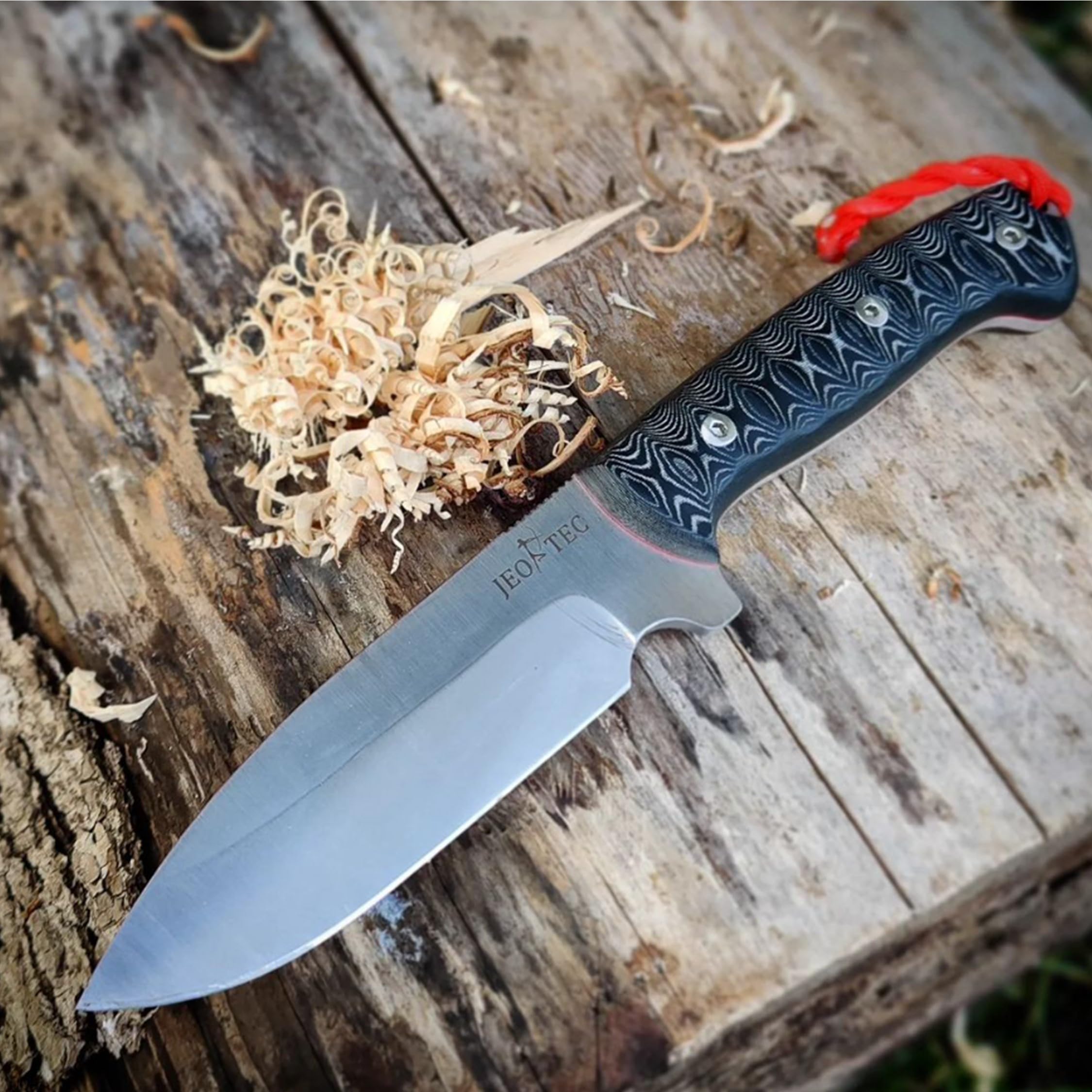 JEO-TEC Nº29 Cuchillo de hoja fija para supervivencia caza monte bushcraft camping outdoor campo - Hoja de 12,5 cm Acero MOVA, Funda de Piel - Fabricado en España