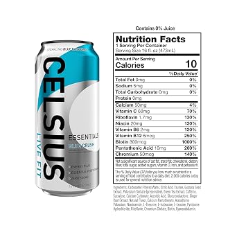 CELSIUS ESSENTIALSTM Sparkling Blue Crush, Sugar Free Performance Energy Drink, 16 Fl Oz (Pack of 12)