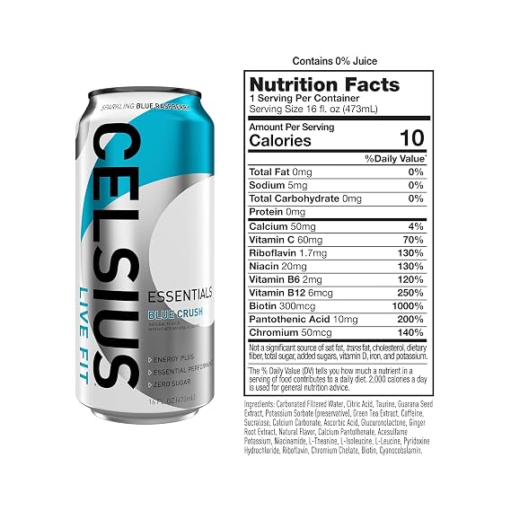 CELSIUS ESSENTIALSTM Sparkling Blue Crush, Sugar Free Performance Energy Drink, 16 Fl Oz (Pack of 12)