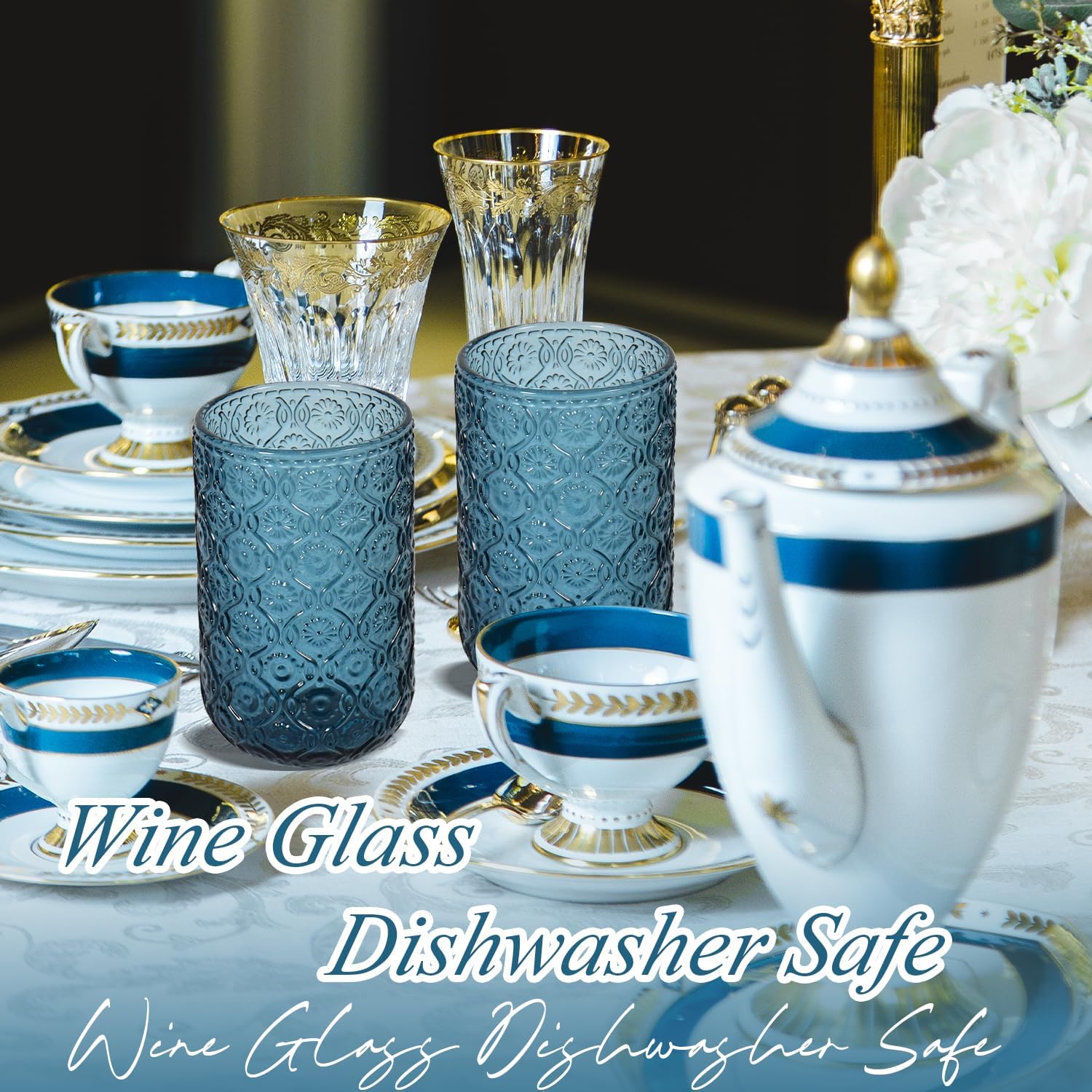 Maravilloso 14oz Vintage Glassware Set of 6, Old Fashioned Glasses, Wine Glasses Hobnail Drinking Glasses Embossed Water Tumbler for Cocktail, Juice, Whiskey, Milk and Various Mixed Drinks, Blue