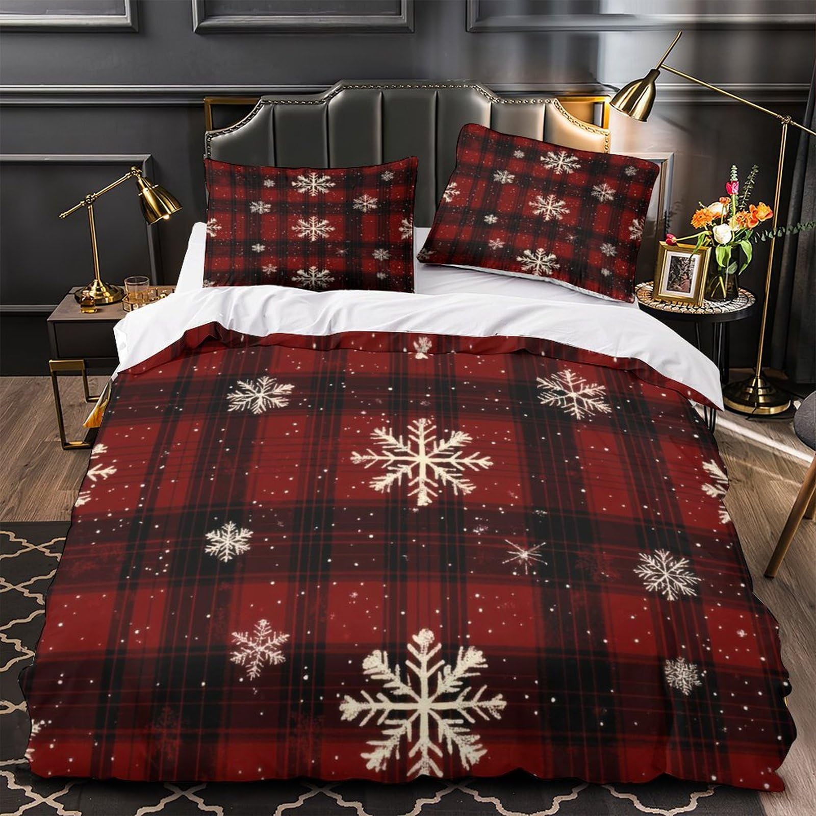 Parure de lit flocon de neige Noël en microfibre housse de couette festive rouge 140x200cm