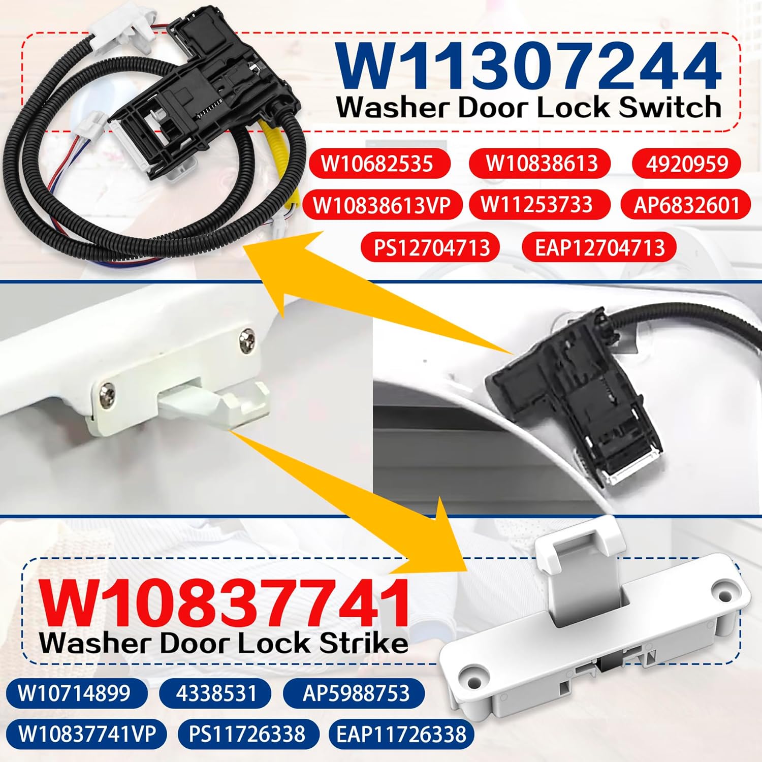 WTW4855HW2 WTW4955HW1 Washer Door Lock Switch & Strike Repair Kit, Fit for Whirl-pool Front-Load Washers WTW4816FW1 1CWTW4705GW0 1CWTW4815EW0 1CWTW4815EW1 1CWTW4845EW1 WTW4915EW1 WTW4950HW0 WTW4950HW2