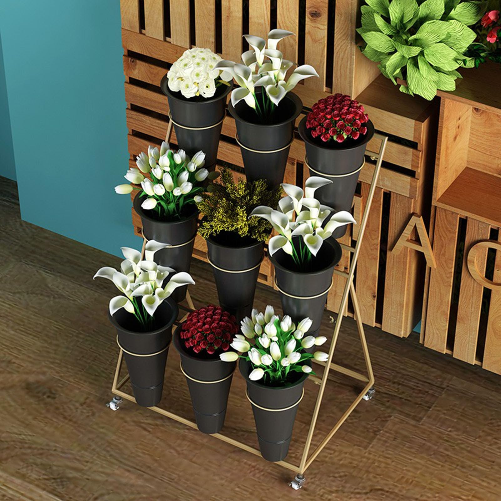 Espositore Per Fiori Con Secchi E Ruote – Carrello Metallico Bianco Per Matrimoni, Feste, Eventi E Fioristi - 2