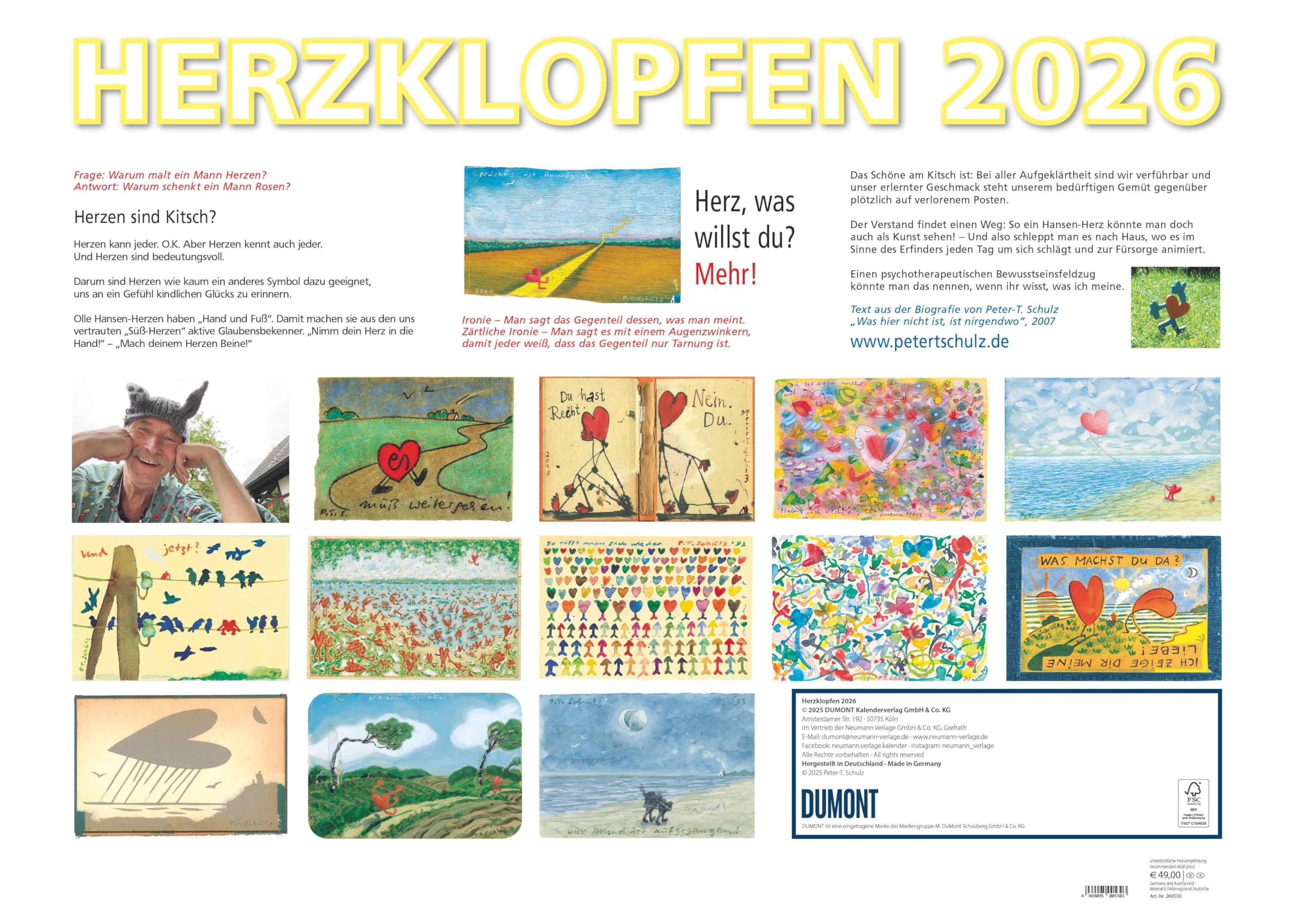 DUMONT - Herzklopfen 2026 – Wandkalender 70x50 cm mit 12 Malereien von Peter T. Schulz („Der Olle Hansen“) und hintersinnigen Zitaten