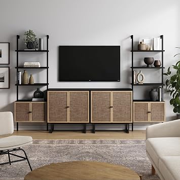 Nathan James Kova Boho Rattan and Wood TV Wall Shelving Unit Accent Storage Cabinet in Black Wood and Rattan with Metal Frame and Cane Doors, Black Oak/Cane