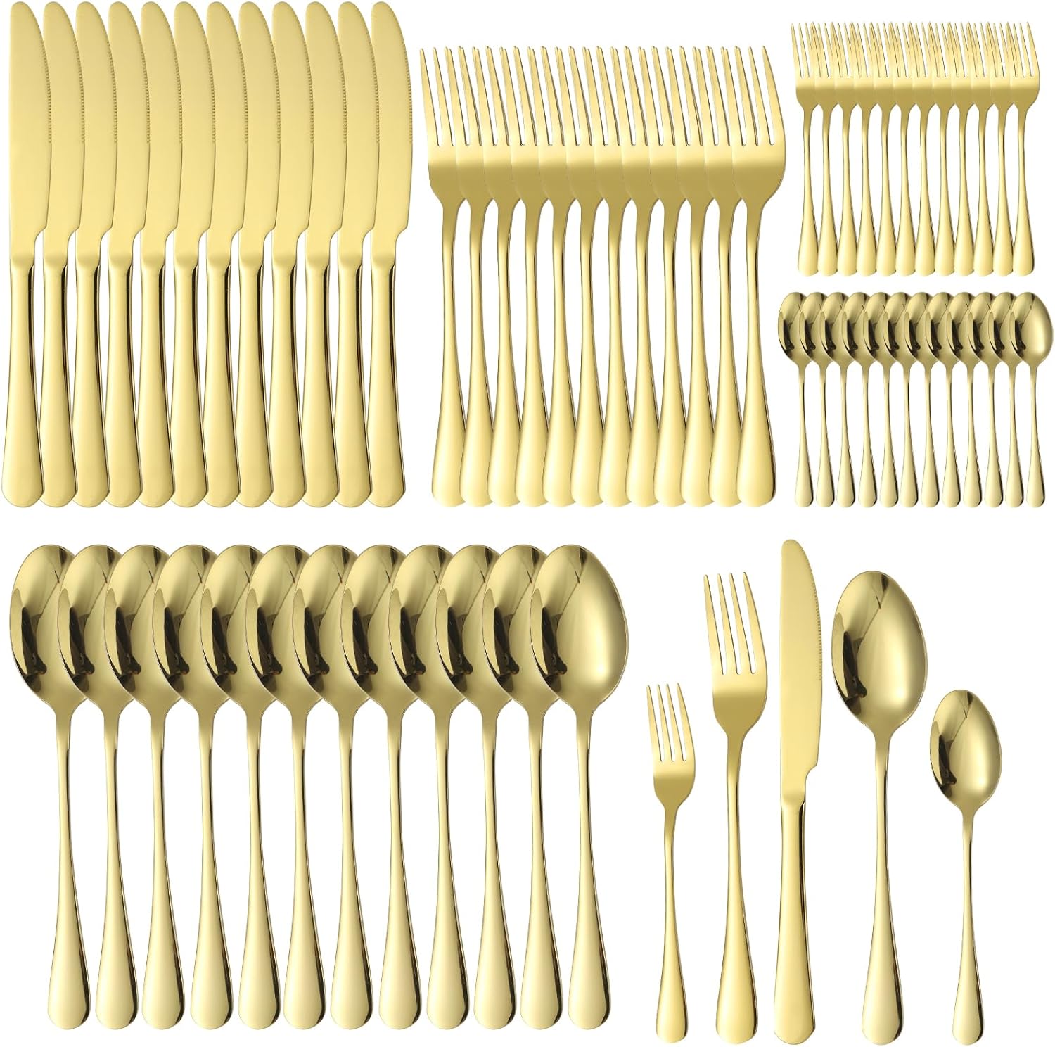Gold Silverware Set 12 Stainless Steel Flatware Set 60 Piece Spoon Fork Knives Round Wide Handle Proper Weight Dishwasher Safe Gatherings Festival Parties
