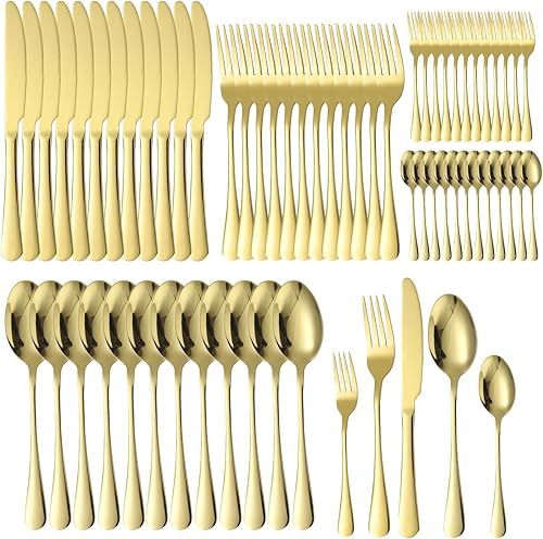 Juego de 60 cubiertos dorados de acero inoxidable para 12 cubiertos A  HOUSEWARE Cocina Comer Untensil, mango ancho redondo pesado apto para
