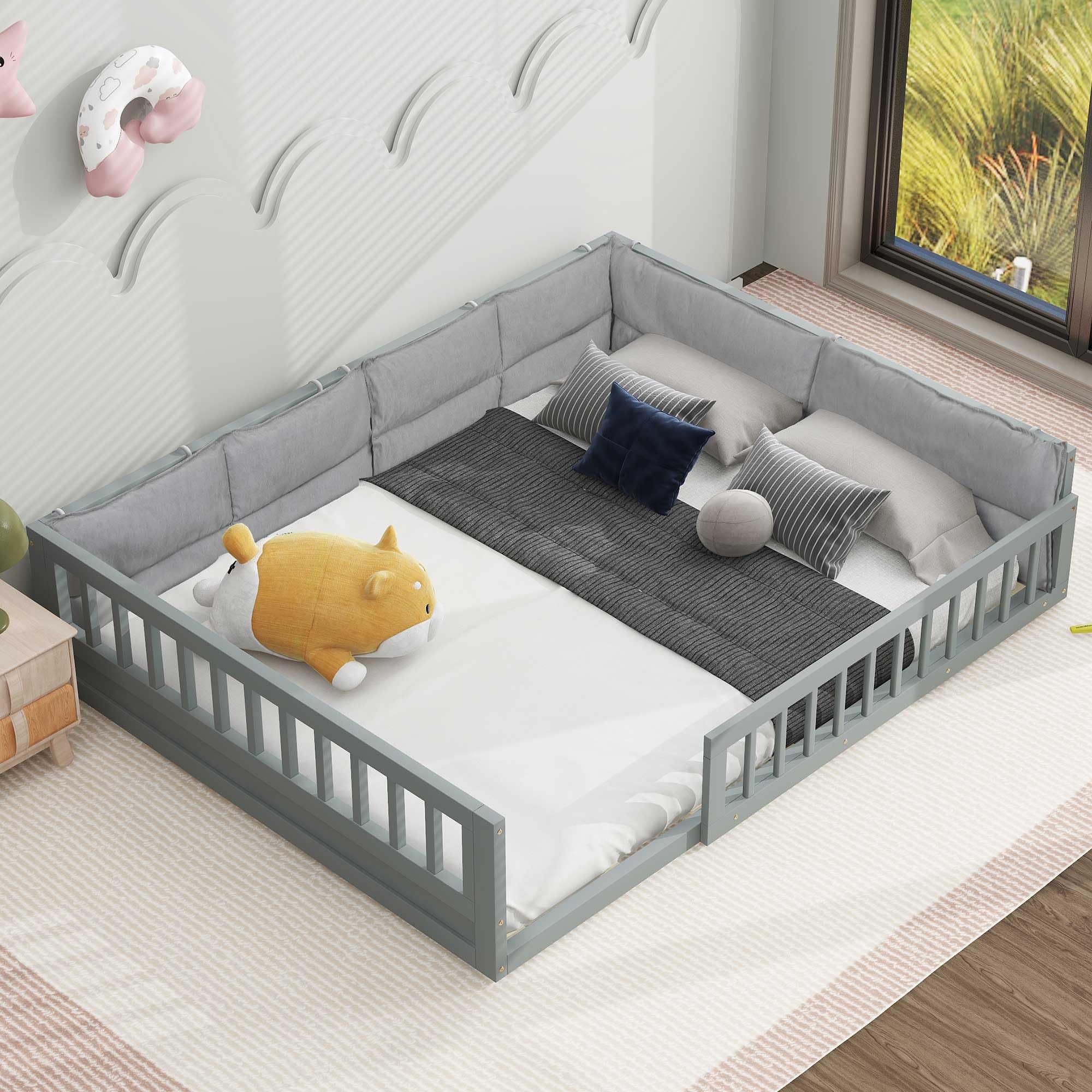Full Size Wood Upholstered Platform Bed with Side Rails and Pillows for Kids Teens, Gray, 77.4" L x 57.2" W x 15.7" H