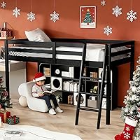 Vista 13 de Vingli - Cama junior tipo loft baja con escalera, cama tipo loft de madera blanca de tamaño completo para adultos, niños y adolescentes jóvenes,