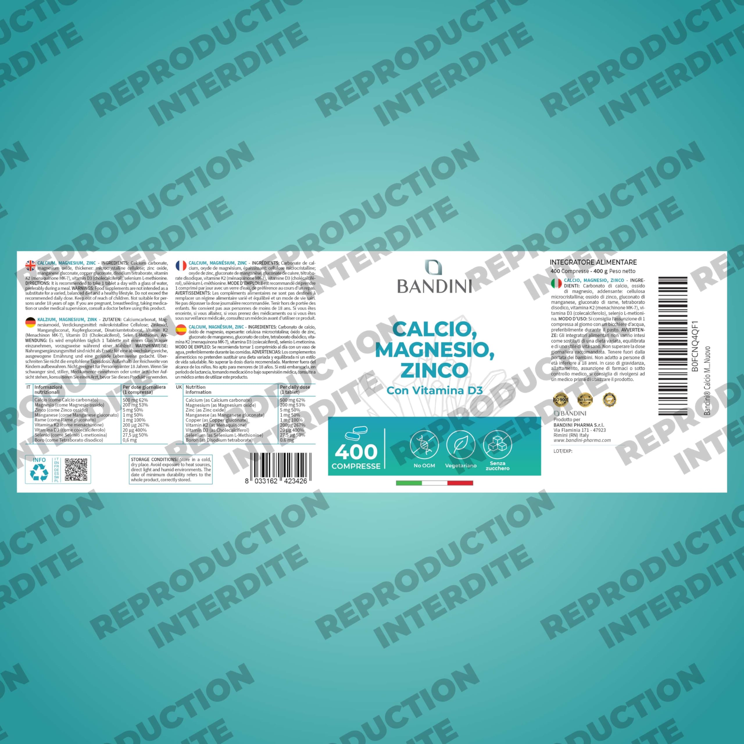 Bandini® Calcium Magnésium Zinc Vitamine D3 + K2 MK7 | 400 comprimés | Avec Cuivre, Sélénium, Manganèse & Bore | Complexe Multivitamines et Minéraux hautement assimilables | Os, muscles, peau, cheveux