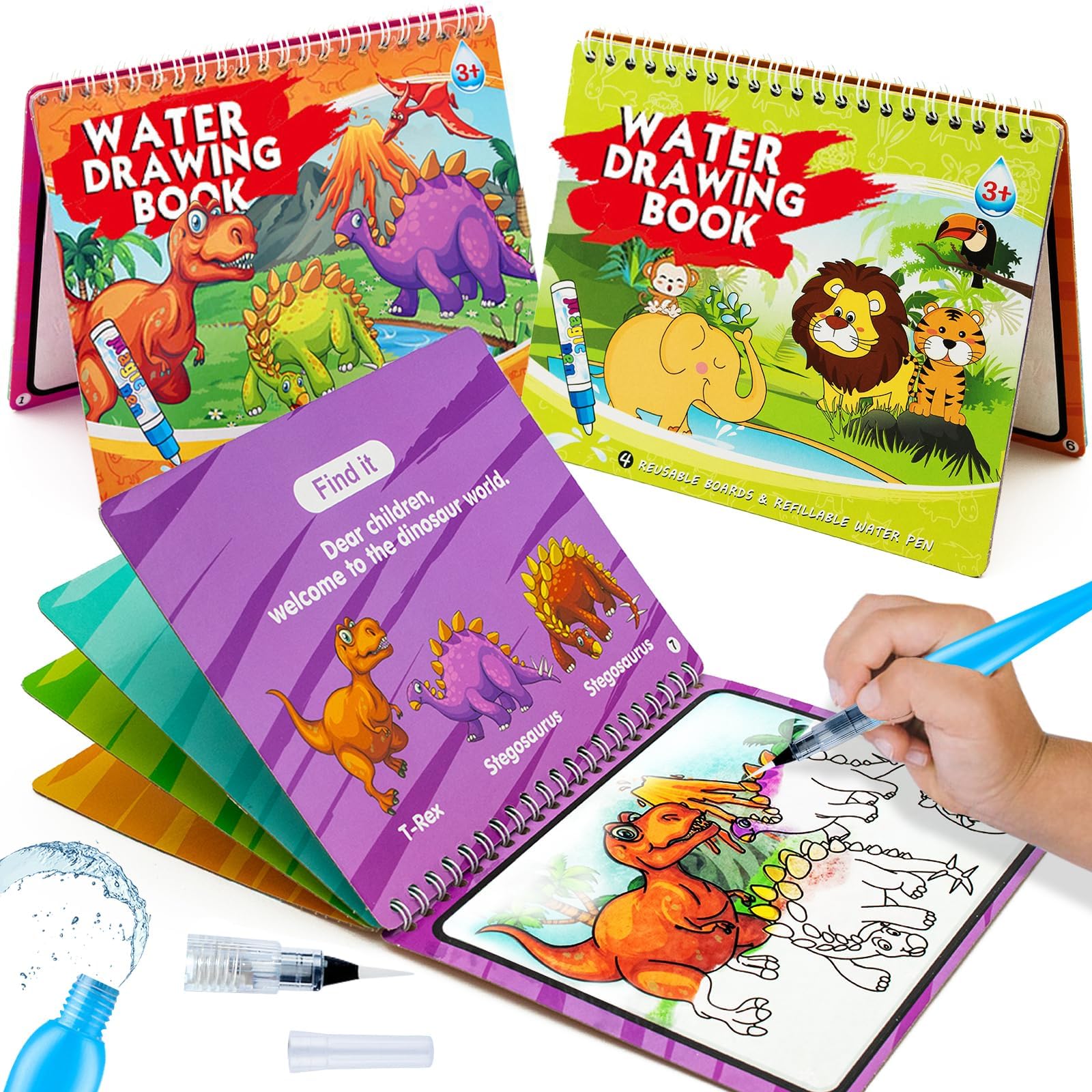 hapray Magic Water Paint Coloring Books for Toddler, Art Toys Age 2-4, Educational Learning Doodle Toy, Gifts for Girl Boy 3 2 1+ Year (Dinosaur Animal 2 Pack)