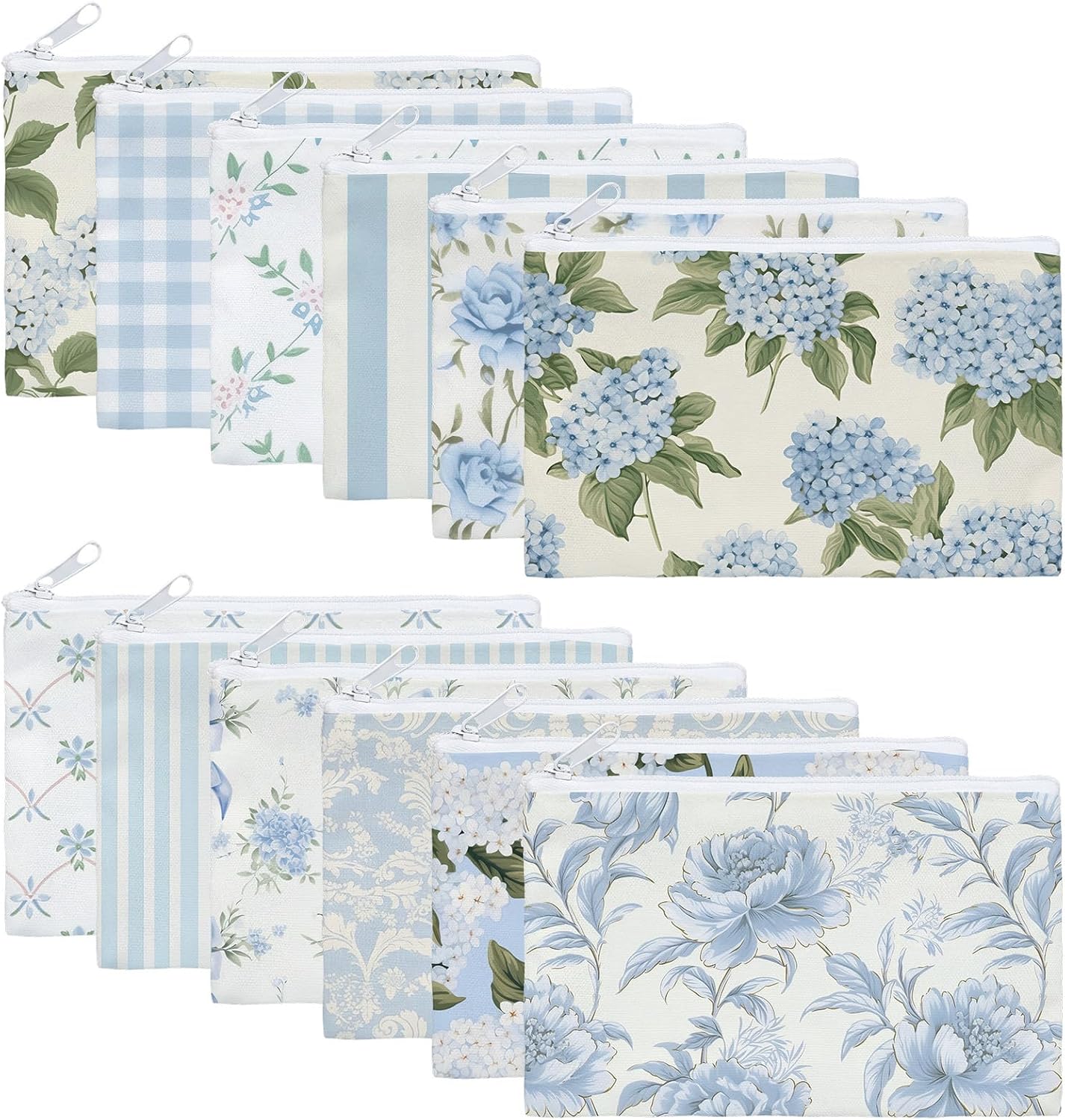 Kacctyen 12 Pcs Hydrangea Bow Makeup Bags Bulk for Women Blue Coquette Aesthetic Preppy Cosmetic Bags Bow Floral Canvas Toiletry Bag for Travel Makeup Zipper Pouches