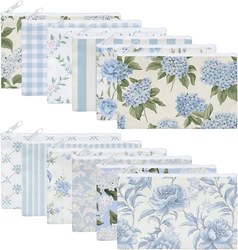 Kacctyen 12 Necessaires de Maquiagem com Zíper, Estampas Florais e Laços Azuis, em Lona de Algodão