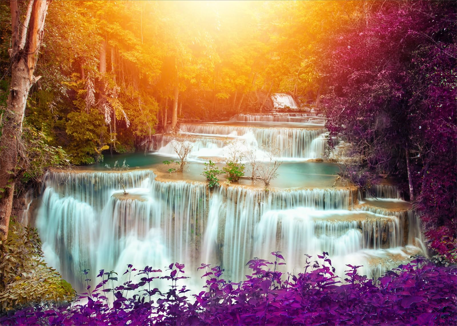10x6.5FT (3x2m) Cascata Nella Foresta Fantastica Sfondo Fotografico | Cascata Nella Foresta Fantastica Tessuto Background,Luce Dorata Acqua Turchese,Decorazioni Festa E Foto,Photo Booth